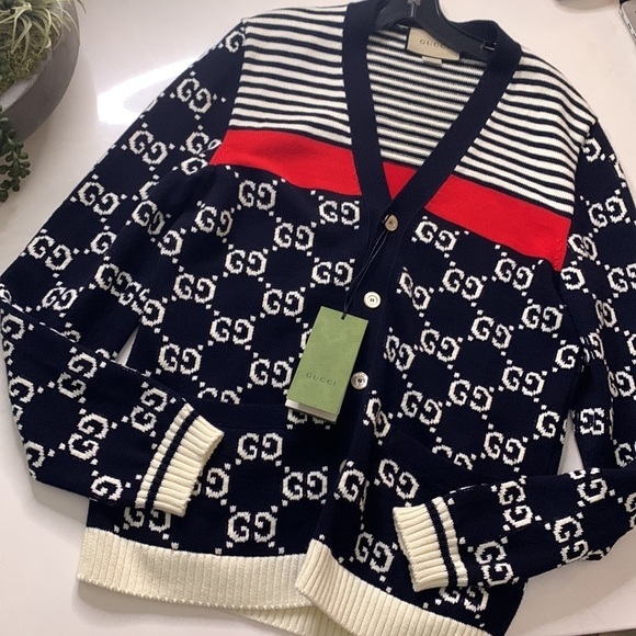 Gucci 3k Runway Limited Edition Gucci Logo Cardigan Sweater men’s small navy red - Picture 10 of 10